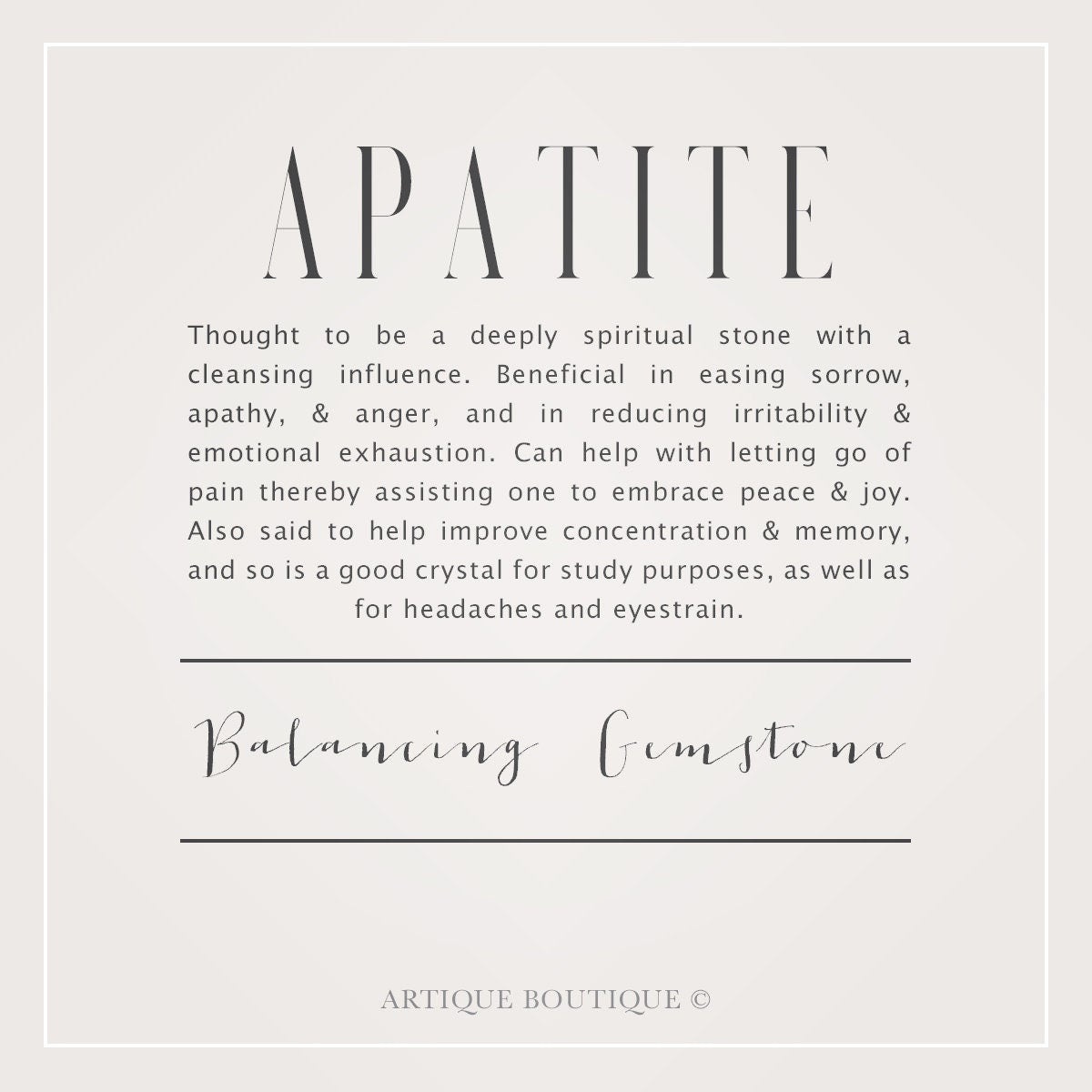 Text description of the crystal stone 'Apatite' with its properties and benefits on a light gray background.