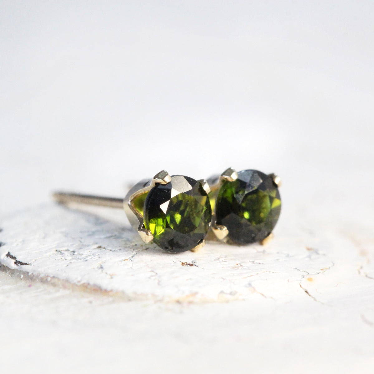 Elegant Dark Green Tourmaline Stud Earrings in Silver or Gold, October Birthstone Earrings, Olive Green Jewellery Gift