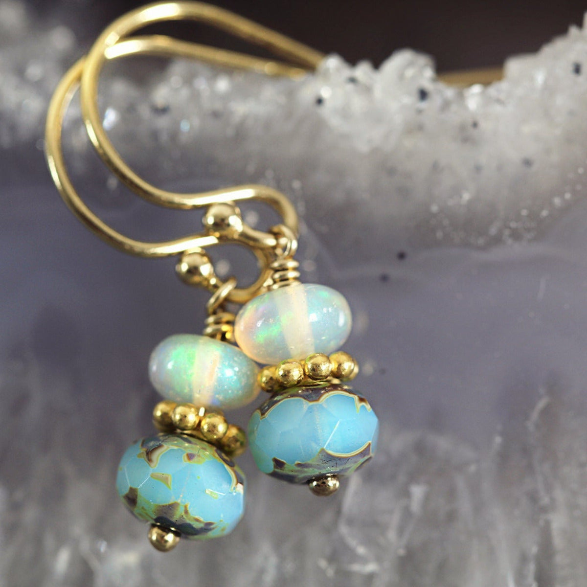 Ethiopian Opal Earrings Gold or Silver, Iridescent October Birthstone Earrings, Opalescent Fairy Jewelry, Handmade Gemstone Drop Earrings