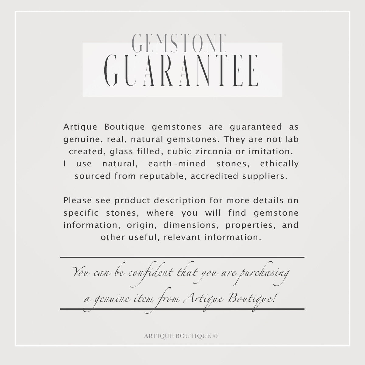 Text describing Gemstone Guarantee for Artique Boutique gemstones on a light gray background.