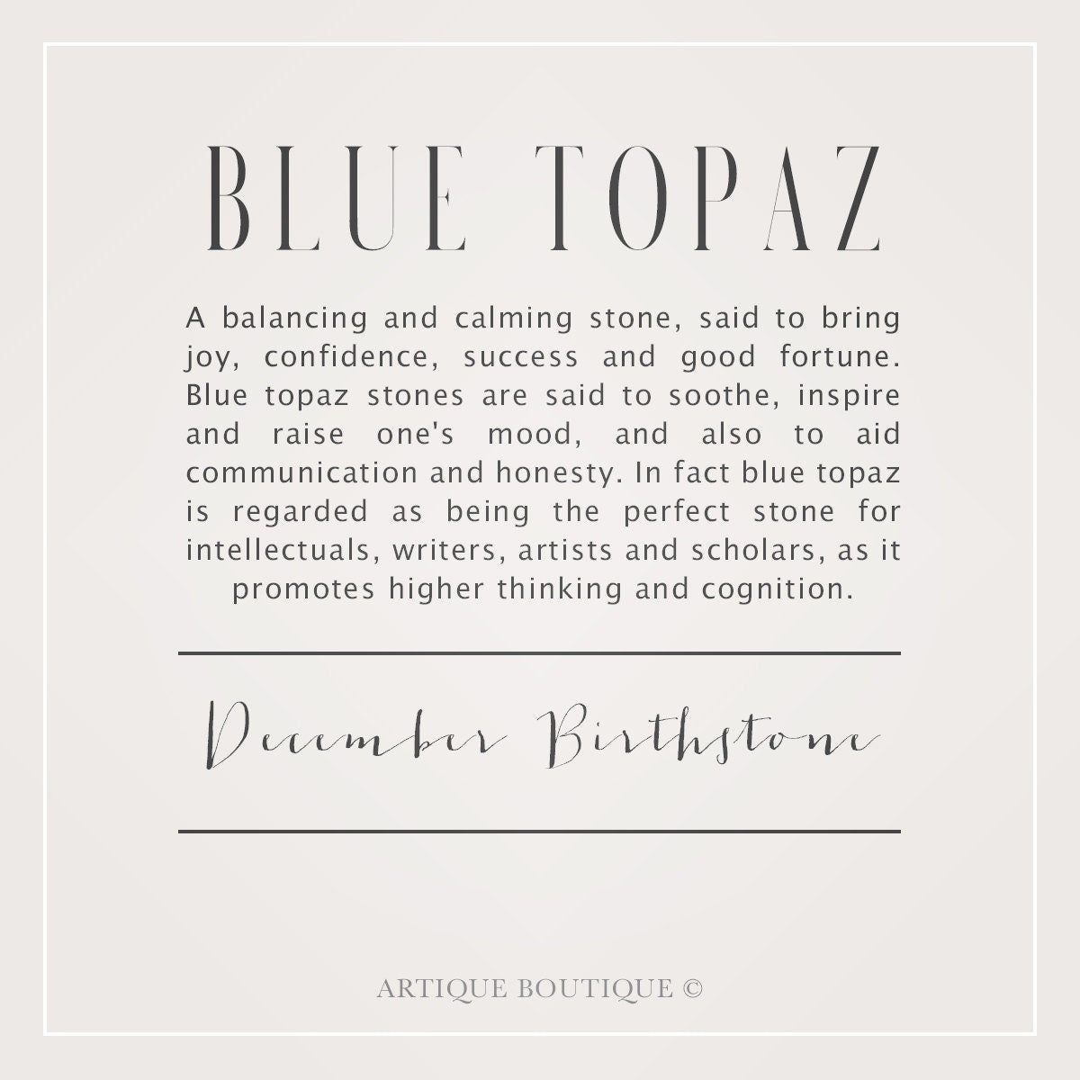 Information about swiss blue topaz with text on a light gray background