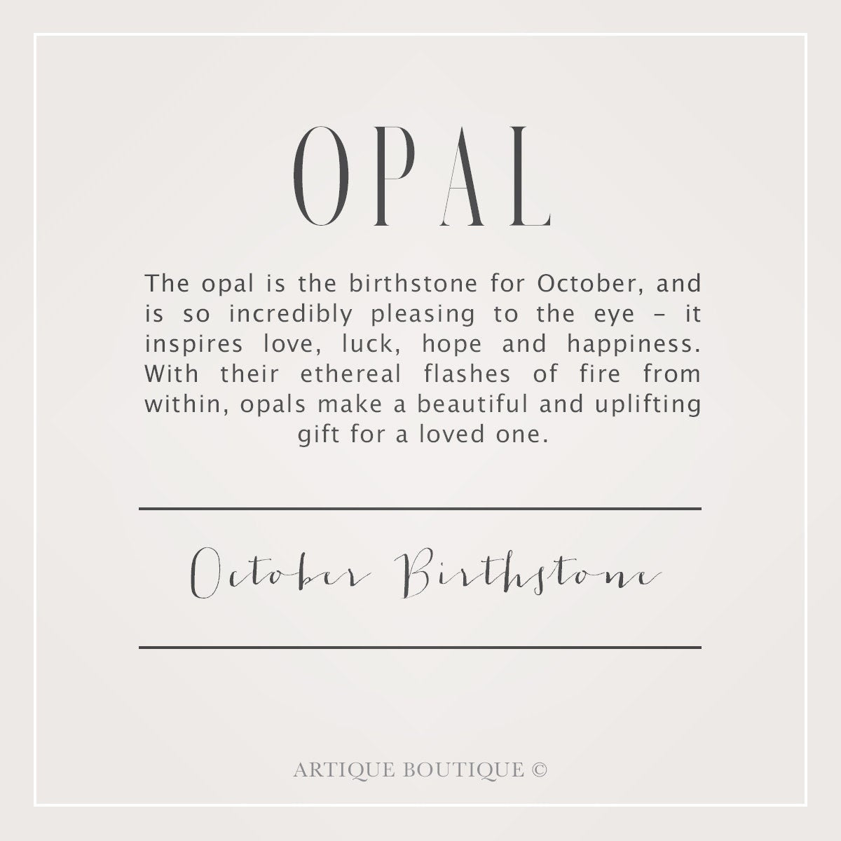 Information about the opal as the birthstone for October on a light gray background.