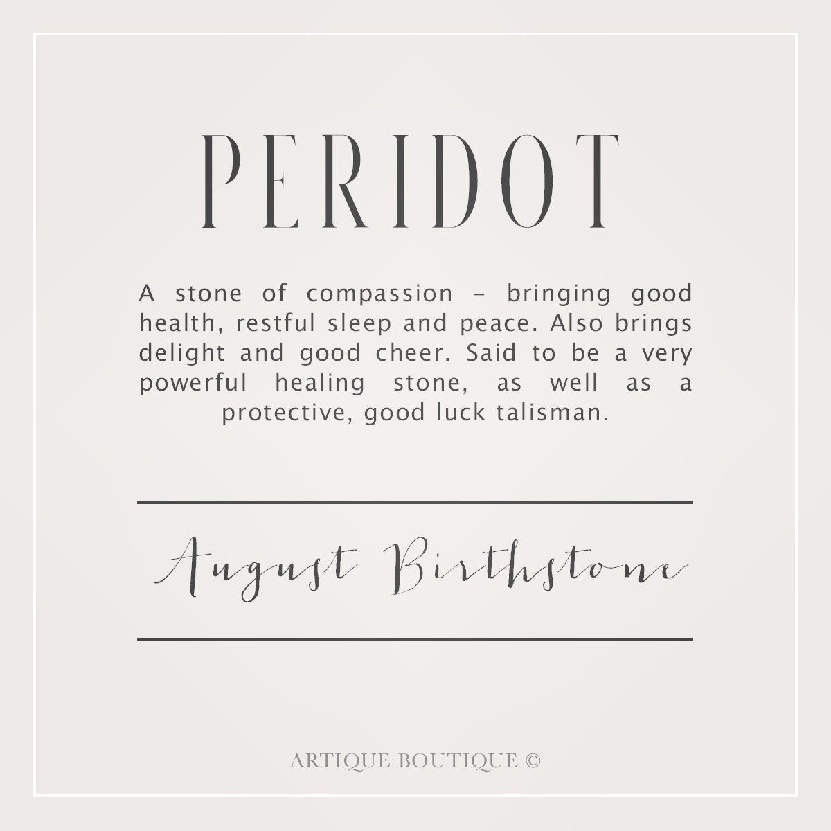 A written description detailing information about the peridot gemstone used in Artique Boutiques handmade jewellery. It briefly describes information about the history and myths of the aquamarine gemstone, its metaphysical properties and qualities