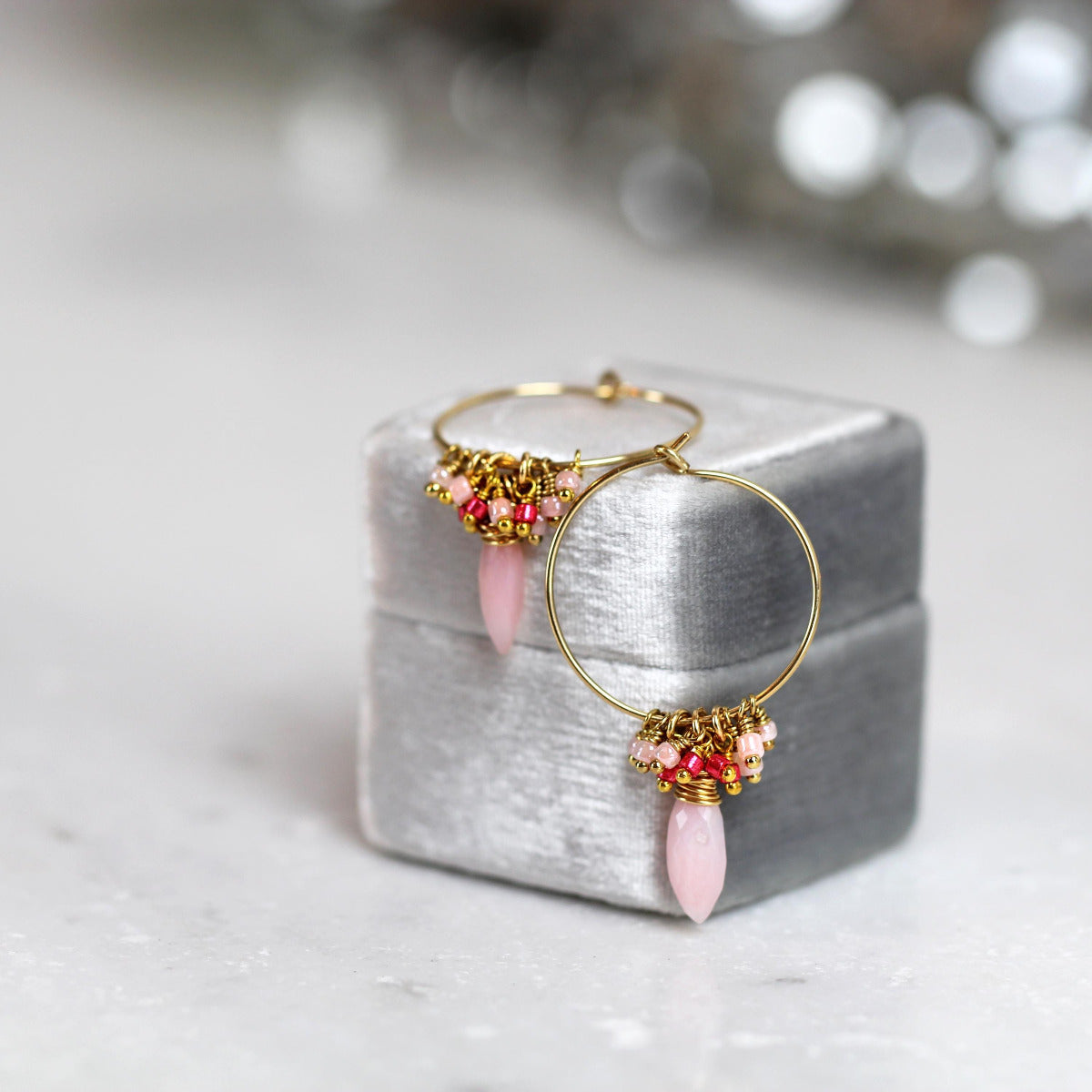Pink Opal Hoop Earrings, Handmade Boho Hoop Earrings Gold, Thin Gold Hoops with Charm, Opal Jewelry October Birthstone Gift For Her