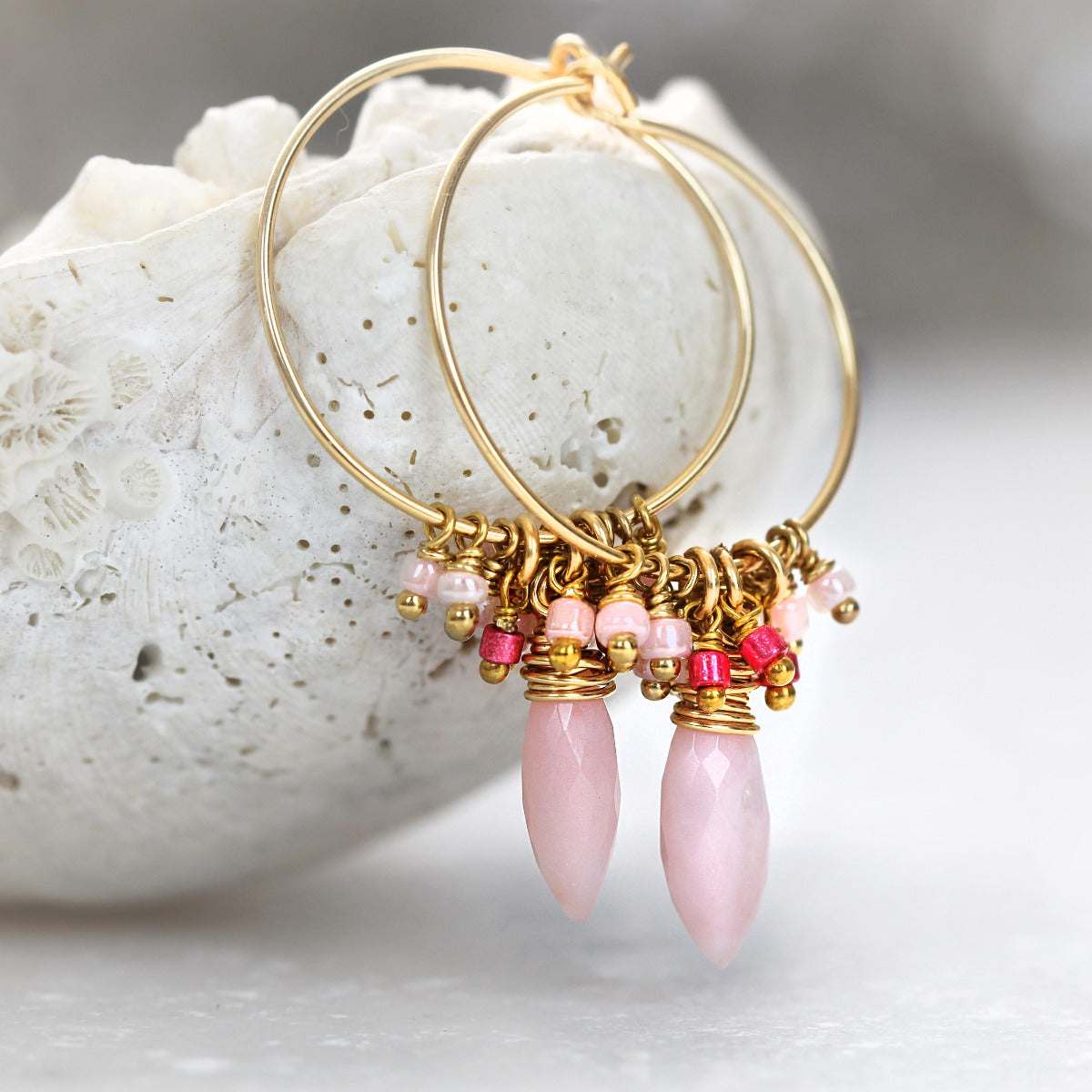 Pink Opal Hoop Earrings, Handmade Boho Hoop Earrings Gold, Thin Gold Hoops with Charm, Opal Jewelry October Birthstone Gift For Her