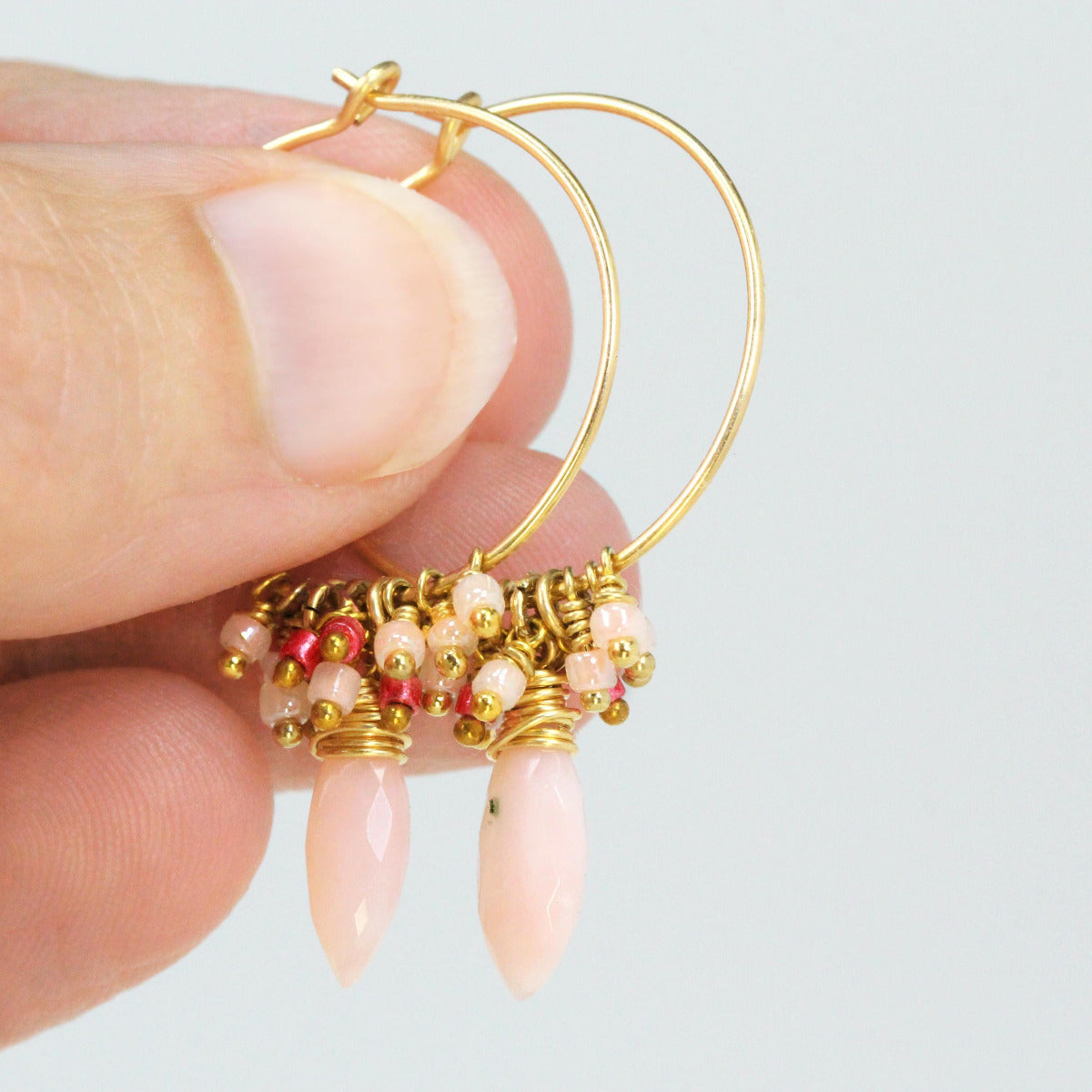 Pink Opal Hoop Earrings, Handmade Boho Hoop Earrings Gold, Thin Gold Hoops with Charm, Opal Jewelry October Birthstone Gift For Her