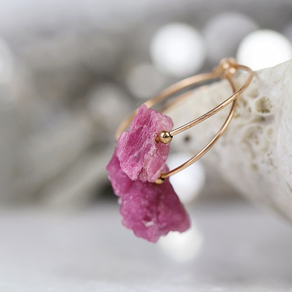 Pink Tourmaline Earrings - Tourmaline Hoop Earrings - Raw Stone Earrings - Modern Jewelry - October Birthstone - Tourmaline Hoops