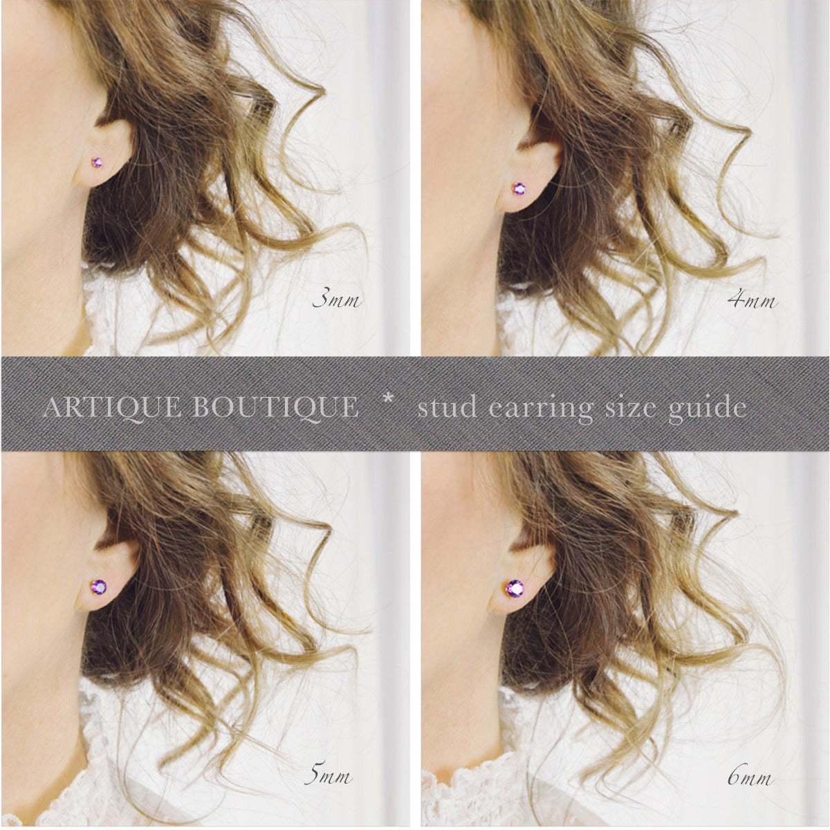 Stud earring size guide showing stud earrings on an ear with measurements indicated.