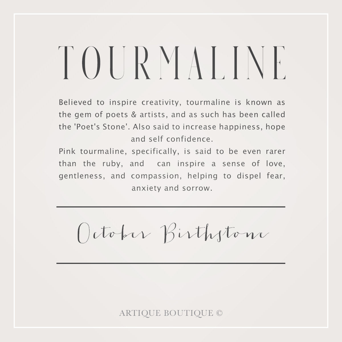 Information about tourmaline and its association with creativity, poets, and artists on a light gray background.