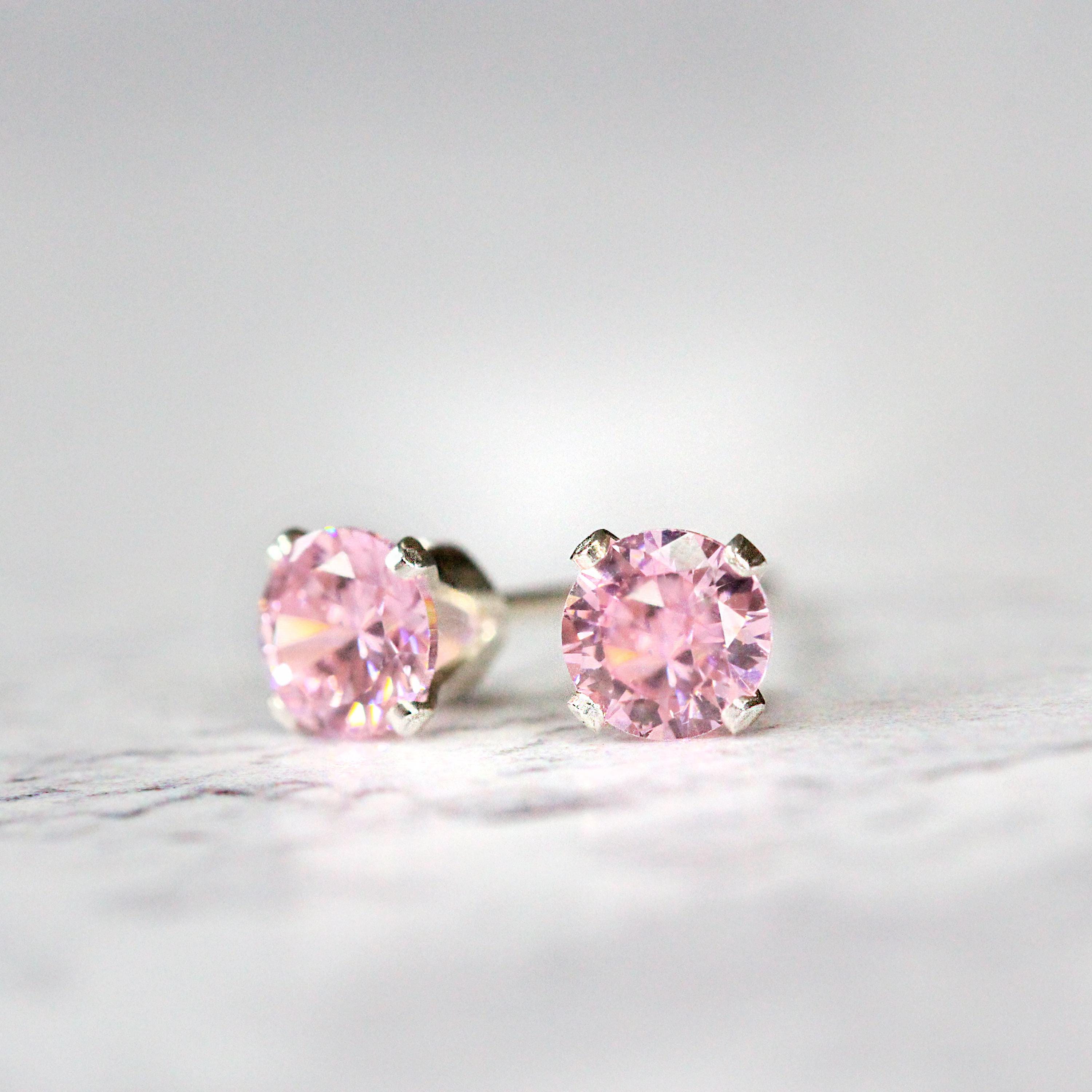 Pink Cubic Zirconia Stud Earrings in Sterling Silver or Gold Fill - Crystal Earrings for Women Girls Teens - Pretty Everyday Sparkly Studs