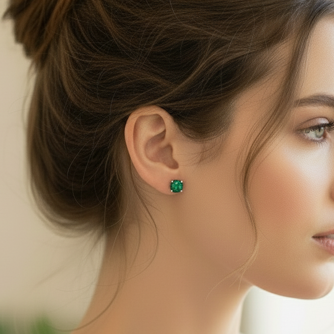 Woman wearing a green earring with a blurred background