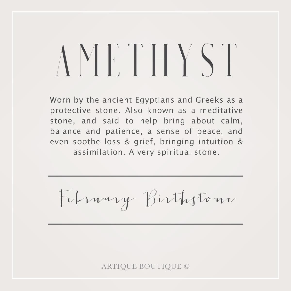 A written description detailing information about the amethyst gemstone used in Artique Boutiques handmade jewellery. It briefly describes information about the history and myths of the aquamarine gemstone, its metaphysical properties and qualities