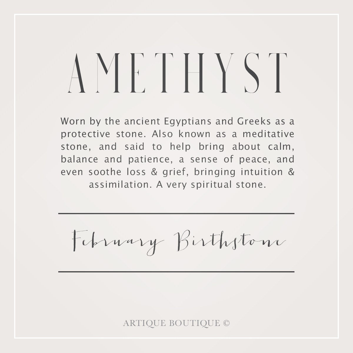 A written description detailing information about the amethyst gemstone used in Artique Boutiques handmade jewellery. It briefly describes information about the history and myths of the aquamarine gemstone, its metaphysical properties and qualities