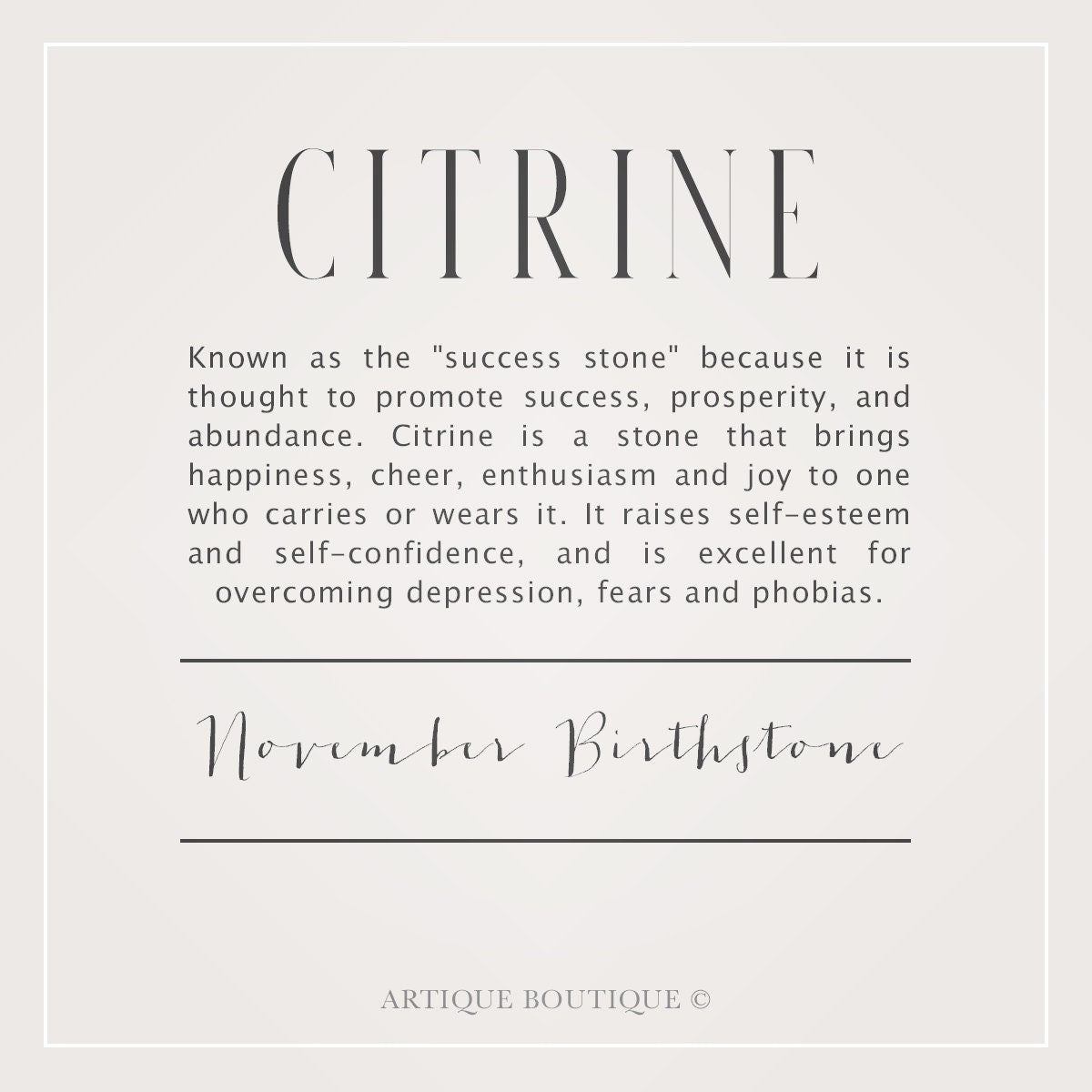 A written description detailing information about the citrine gemstone used in Artique Boutiques handmade jewellery. It briefly describes information about the history, myths & legend of the citrine gemstone, its metaphysical properties and qualities