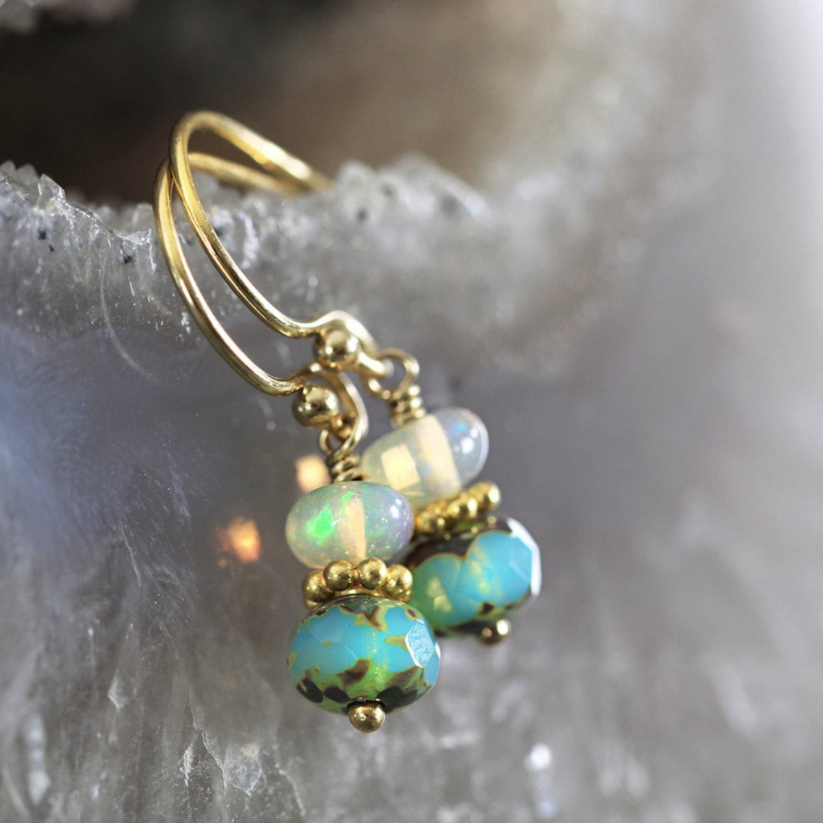 Ethiopian Opal Earrings Gold or Silver, Iridescent October Birthstone Earrings, Opalescent Fairy Jewelry, Handmade Gemstone Drop Earrings