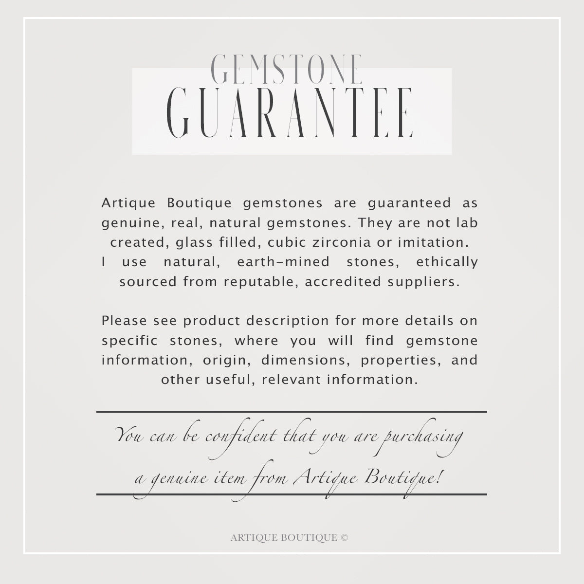 Text describing Gemstone Guarantee for Artique Boutique gemstones on a light gray background.
