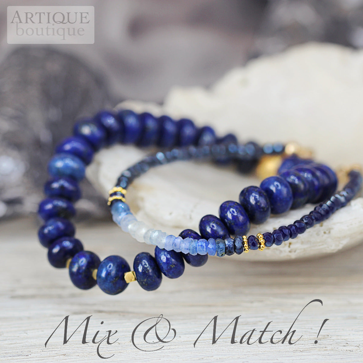Mix and match set of blue beaded bracelets on a stone surface with 'Artique boutique' branding.