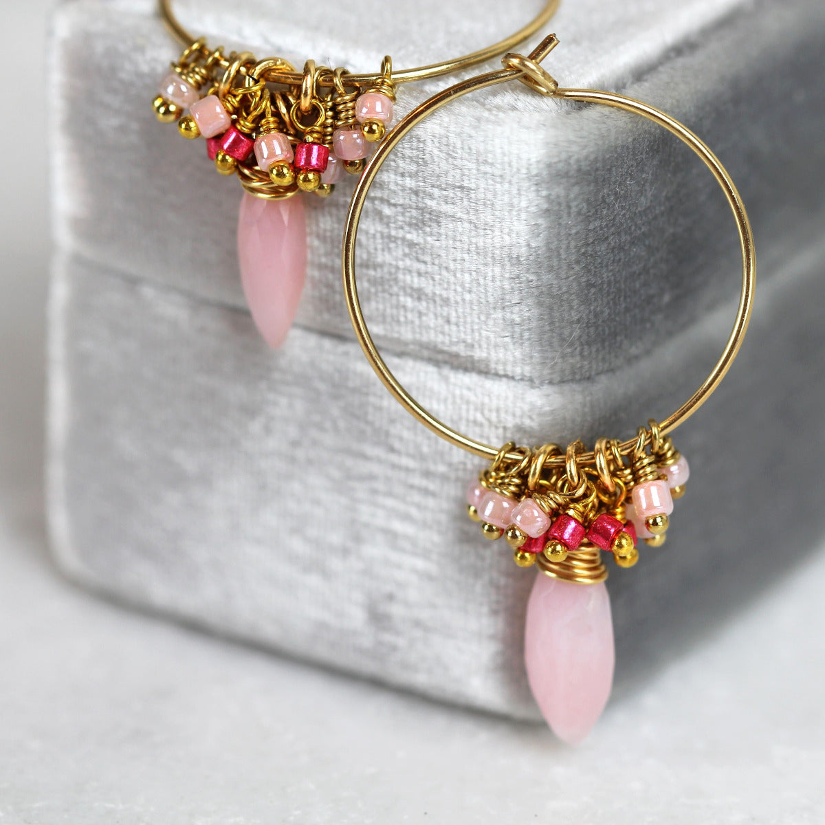 Pink Opal Hoop Earrings, Handmade Boho Hoop Earrings Gold, Thin Gold Hoops with Charm, Opal Jewelry October Birthstone Gift For Her