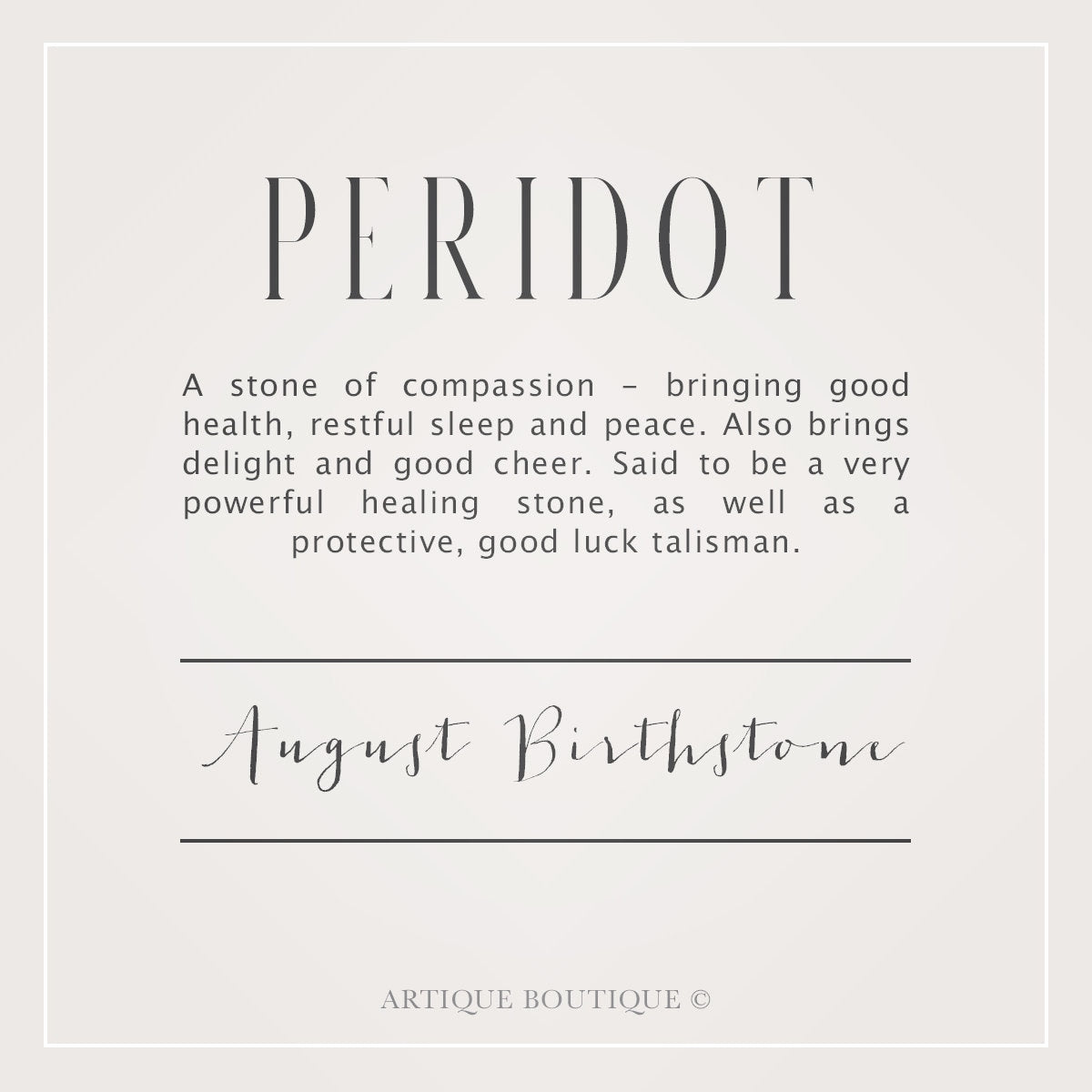 A written description detailing information about the peridot gemstone used in Artique Boutiques handmade jewellery. It briefly describes information about the history and myths of the aquamarine gemstone, its metaphysical properties and qualities