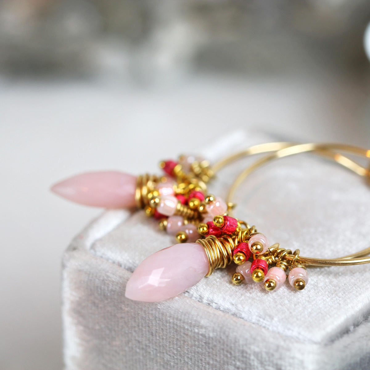 Pink Opal Hoop Earrings, Handmade Boho Hoop Earrings Gold, Thin Gold Hoops with Charm, Opal Jewelry October Birthstone Gift For Her