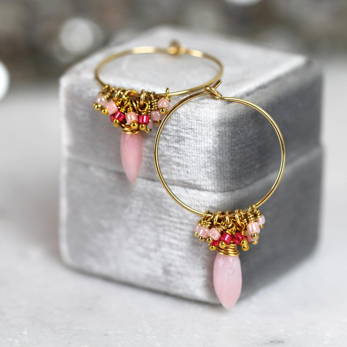Pink Opal Hoop Earrings, Handmade Boho Hoop Earrings Gold, Thin Gold Hoops with Charm, Opal Jewelry October Birthstone Gift For Her