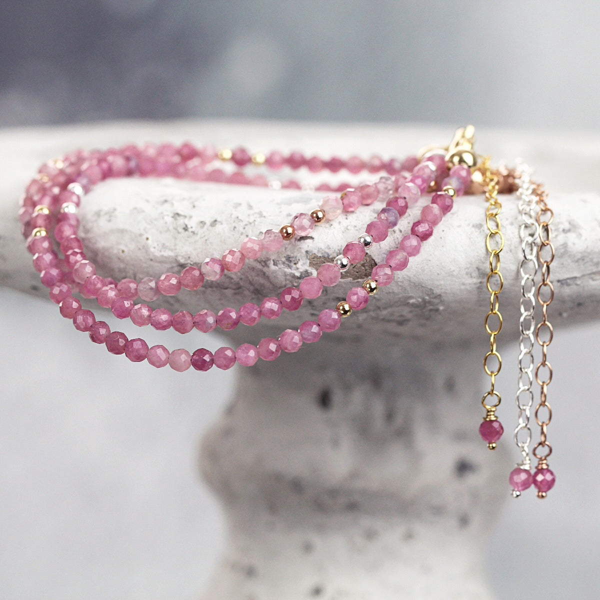 Pink Tourmaline Bracelet, Rose Gold Silver - October Birthstone Gift Women Girl - Dainty Pink Gemstone Bracelet for Confidence & Compassion