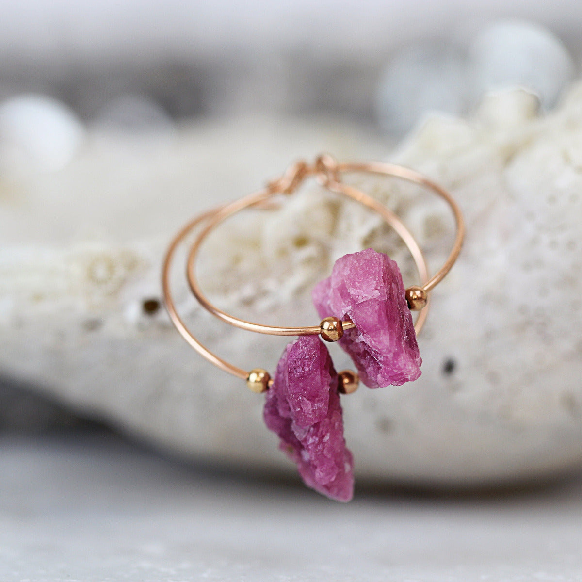 Pink Tourmaline Earrings - Tourmaline Hoop Earrings - Raw Stone Earrings - Modern Jewelry - October Birthstone - Tourmaline Hoops