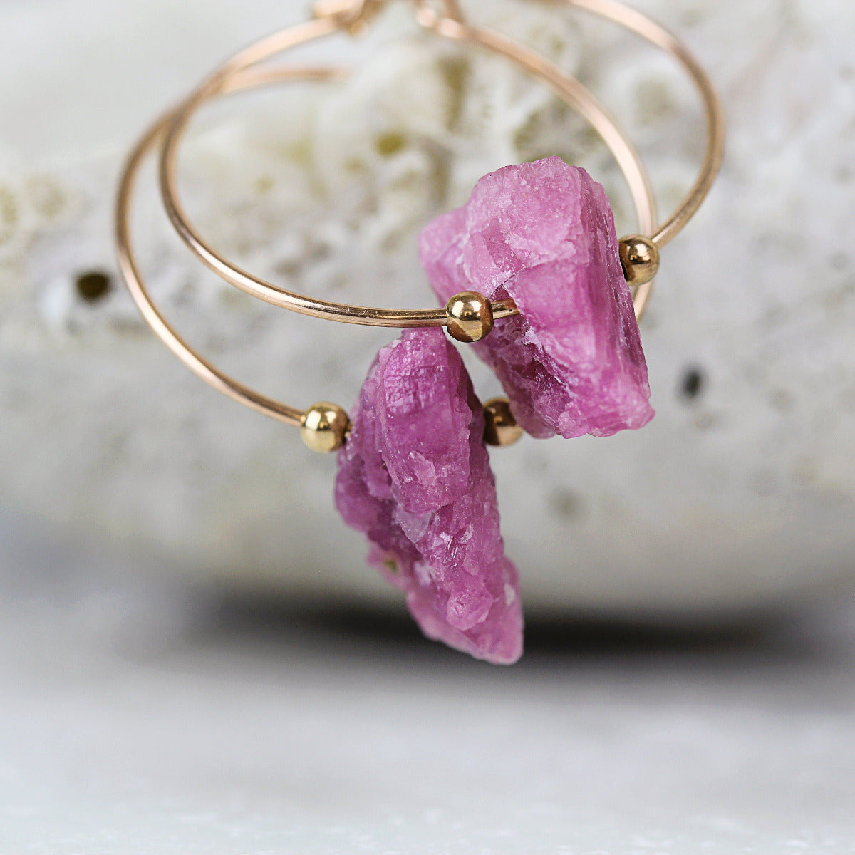Pink Tourmaline Earrings - Tourmaline Hoop Earrings - Raw Stone Earrings - Modern Jewelry - October Birthstone - Tourmaline Hoops