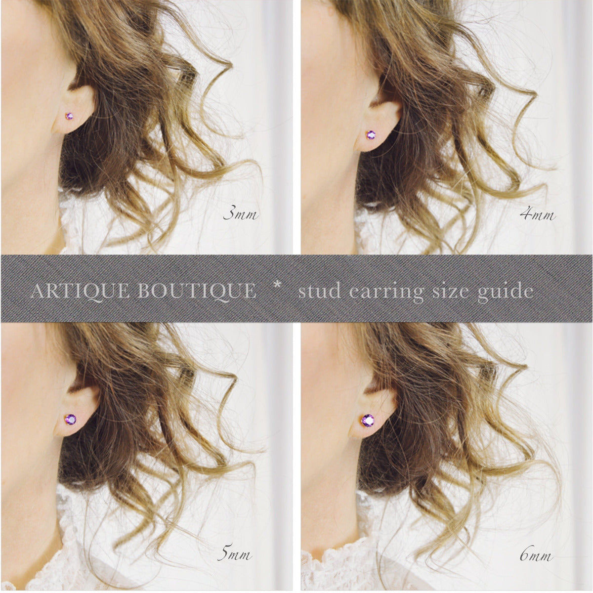 A stud earring visual size guide showing 4 images side by side, each image shows a model wearing a round gemstone stud earring in a different size. A side by side stud earrings comparison chart designed to assist customers select their preferred size