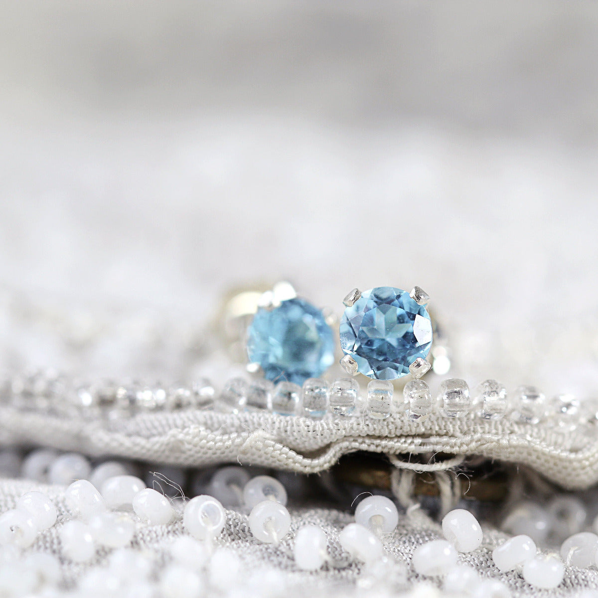 Swiss Blue Topaz Stud Earrings - Blue Ear Studs - Gemstone Studs - November & December Birthday Gift - Light Blue Earrings - Xmas Gift Idea