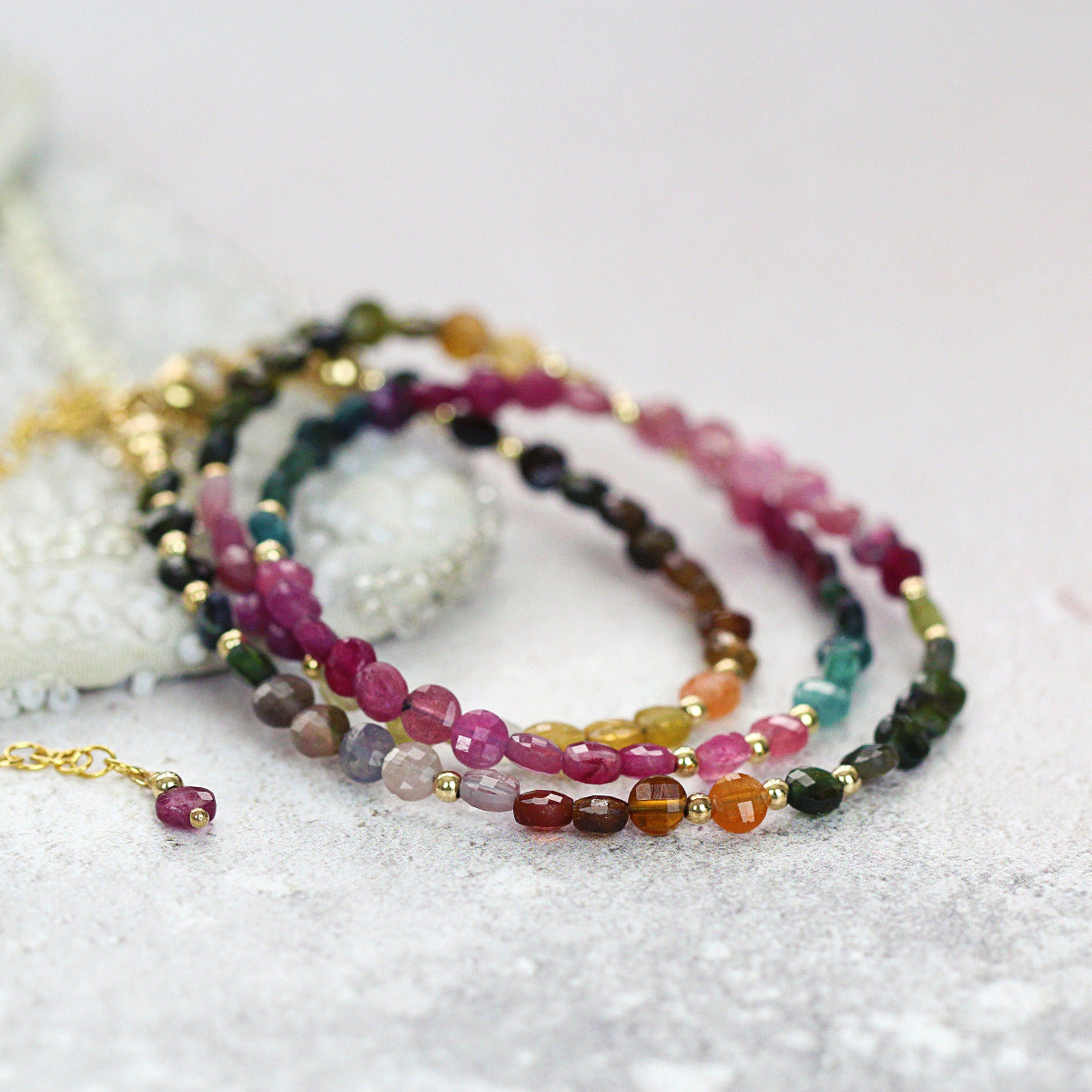 Colourful Tourmaline Bead Necklace with Gold beads and extender chain