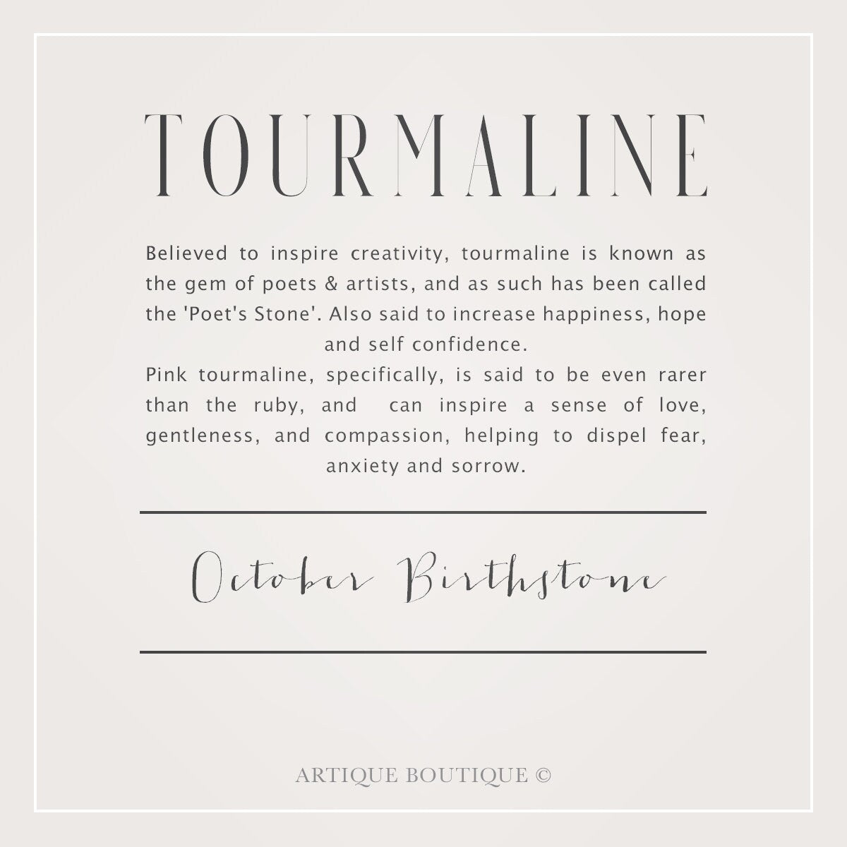 Information about tourmaline and its association with creativity, poets, and artists on a light gray background.