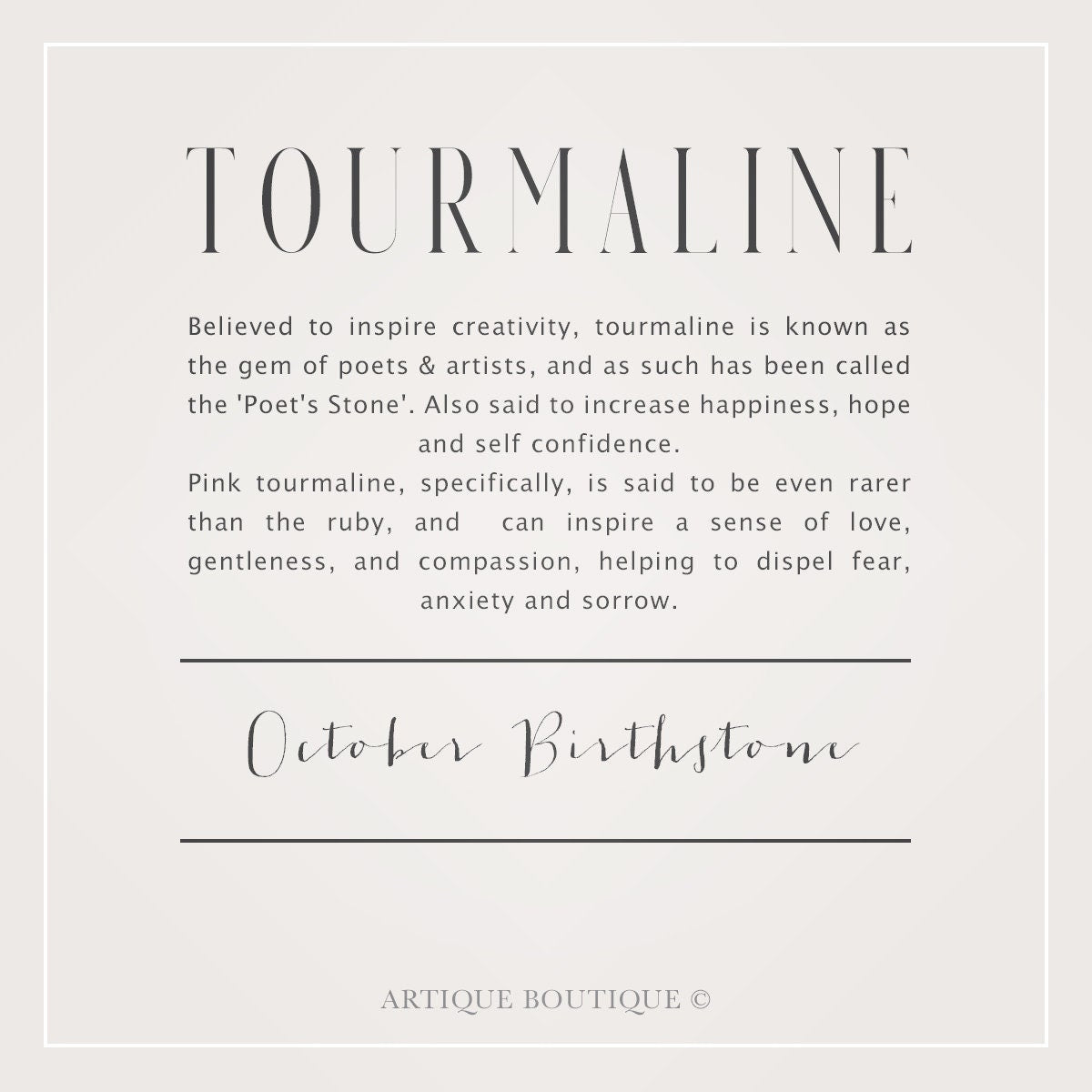 A written description detailing information about the tourmaline gemstone used in Artique Boutiques handmade jewellery. It briefly describes information about the history and myths of the aquamarine gemstone, its metaphysical properties and qualities