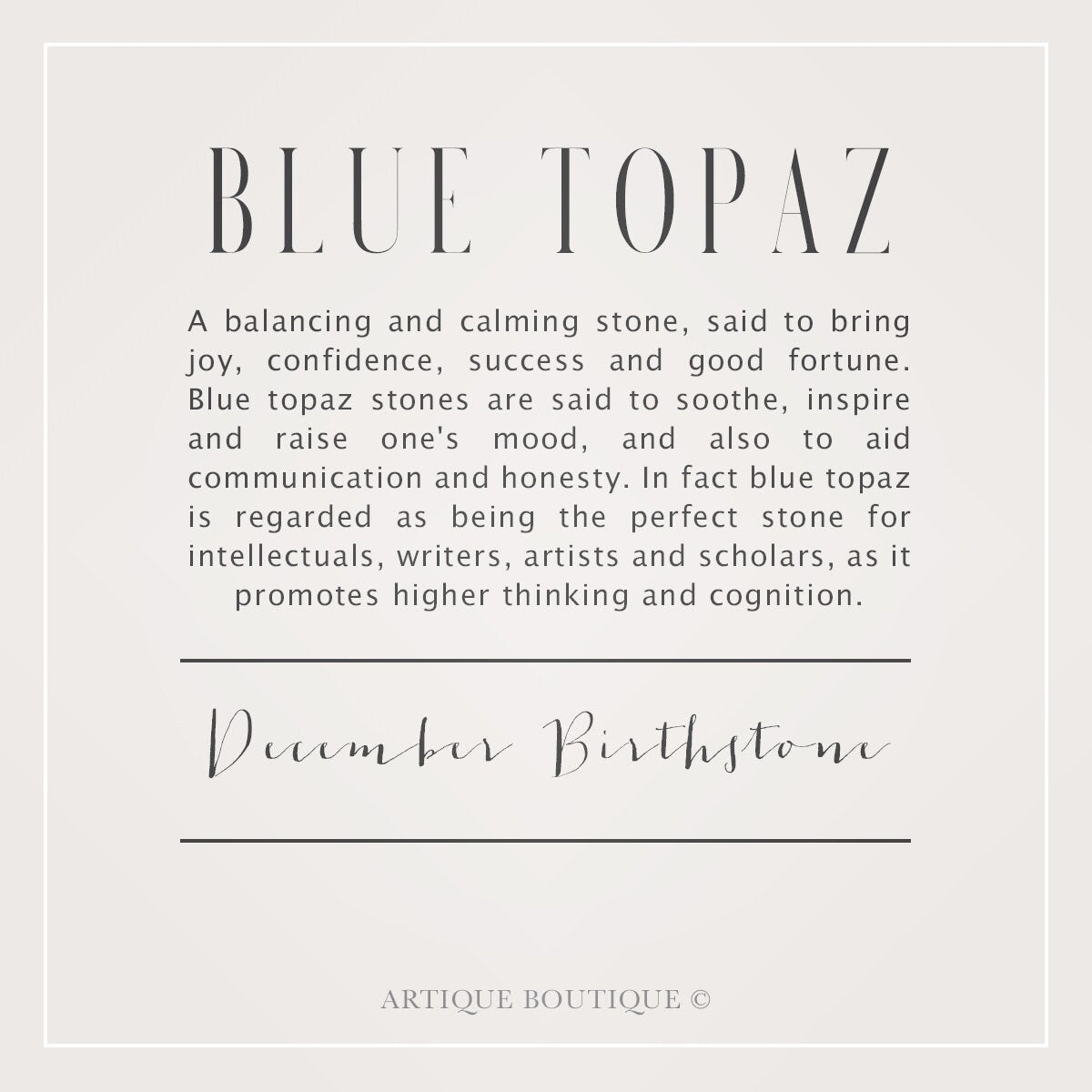 Information about blue topaz gemstones with text on a light gray background