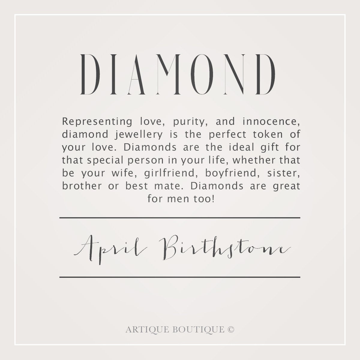 A written description detailing information about the diamond gemstones used in Artique Boutiques handmade jewellery. It briefly describes information about the history and myths of the aquamarine gemstone, its metaphysical properties and qualities