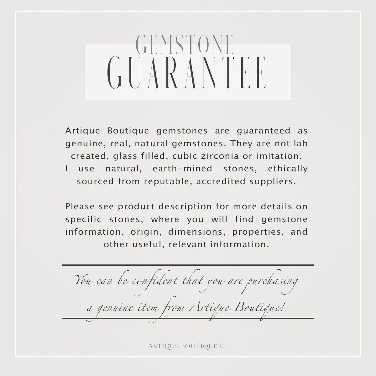 Text describing gemstone guarantee from Artique Boutique on a light gray background