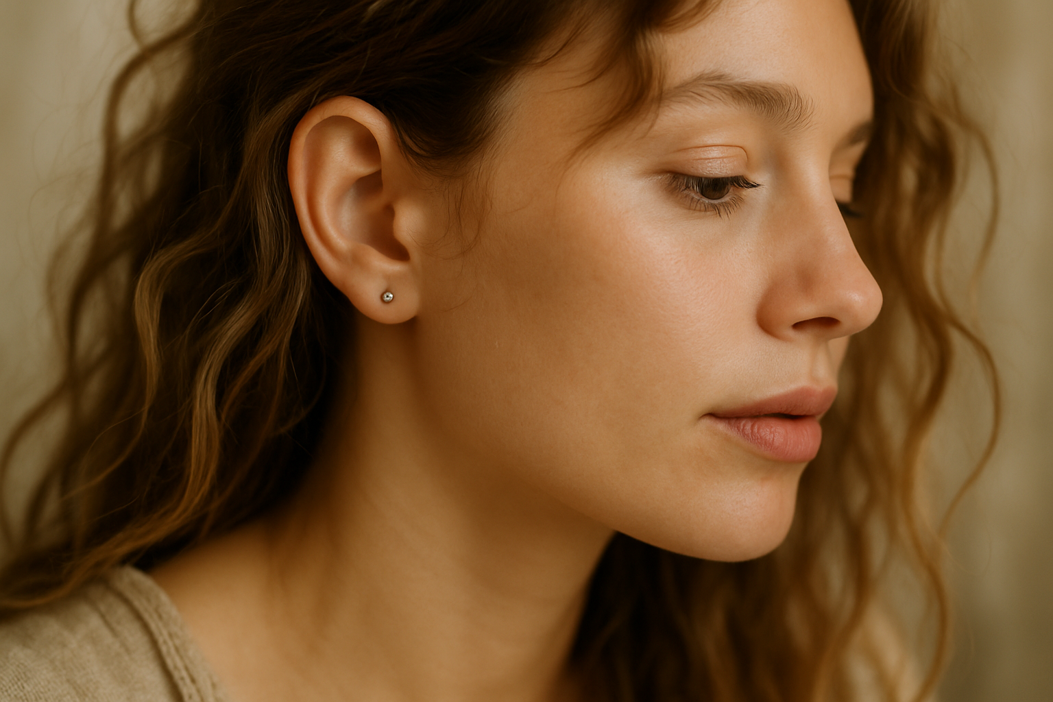 please make the earrings smaller - half the size. Make the earring more round in shape. less gold setting on display. Change hair to wavy. Make skin tone lighter and brighter. more bohemian in style.
