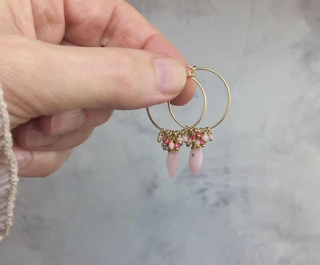 Pink Opal Hoop Earrings, Handmade Boho Hoop Earrings Gold, Thin Gold Hoops with Charm, Opal Jewelry October Birthstone Gift For Her