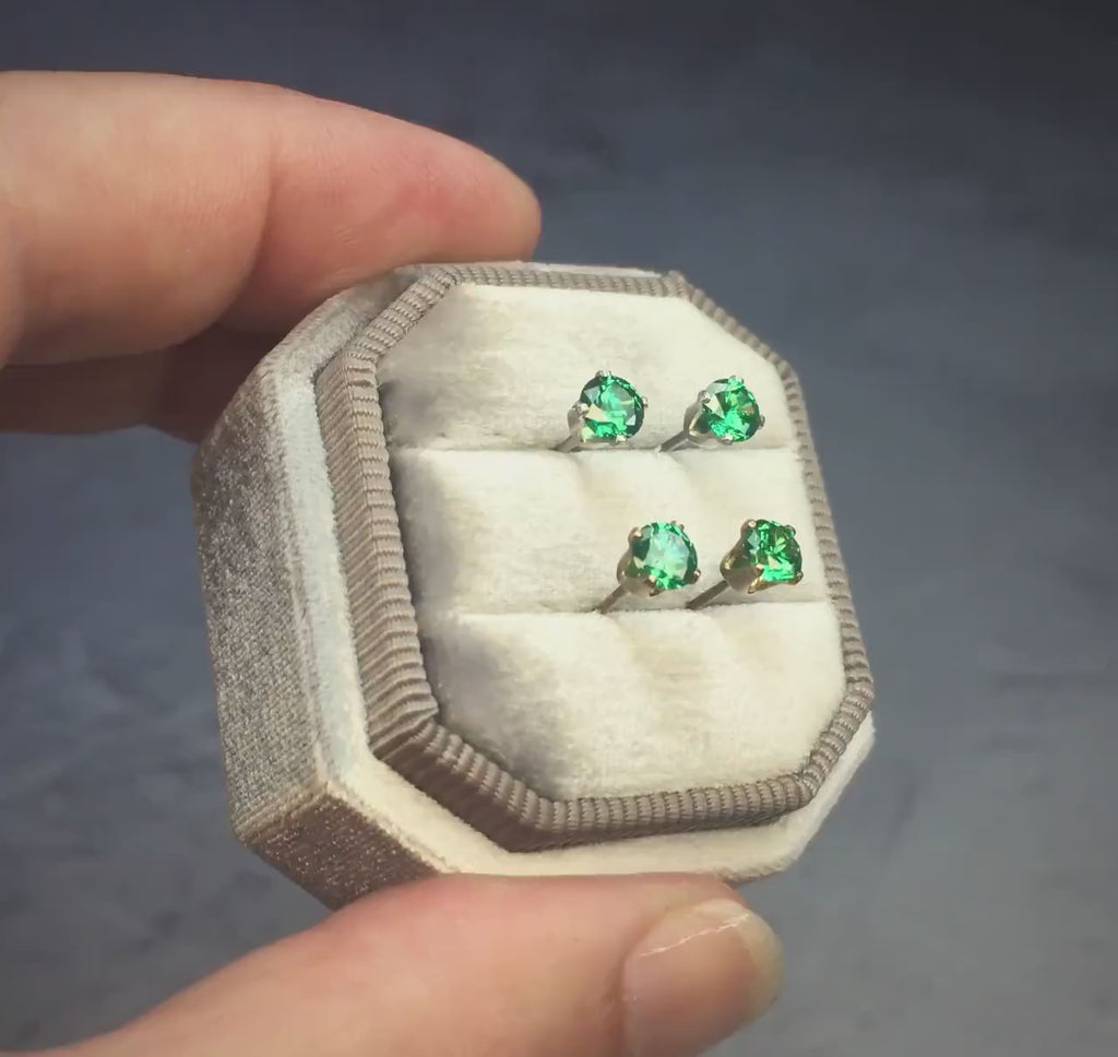 Teal Cubic Zirconia Stud Earrings - Unisex Green Minimalist Studs - Christmas Earrings - Gold or Silver Crystal Earrings for Men or Women