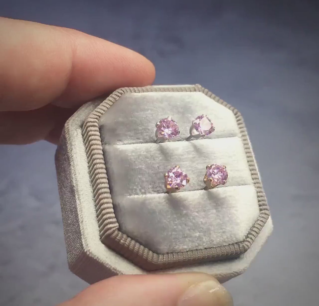 Pink Cubic Zirconia Stud Earrings in Sterling Silver or Gold Fill - Crystal Earrings for Women Girls Teens - Pretty Everyday Sparkly Studs