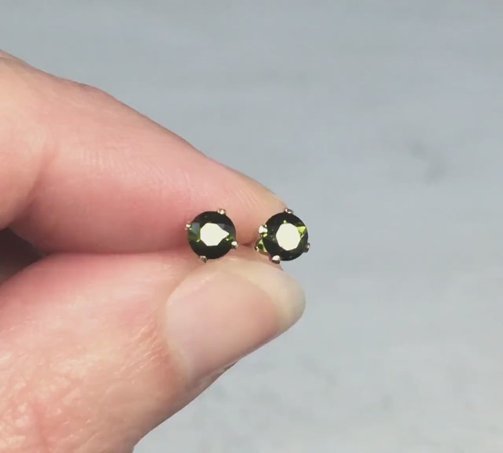 Elegant Dark Green Tourmaline Stud Earrings in Silver or Gold, October Birthstone Earrings, Olive Green Jewellery Gift